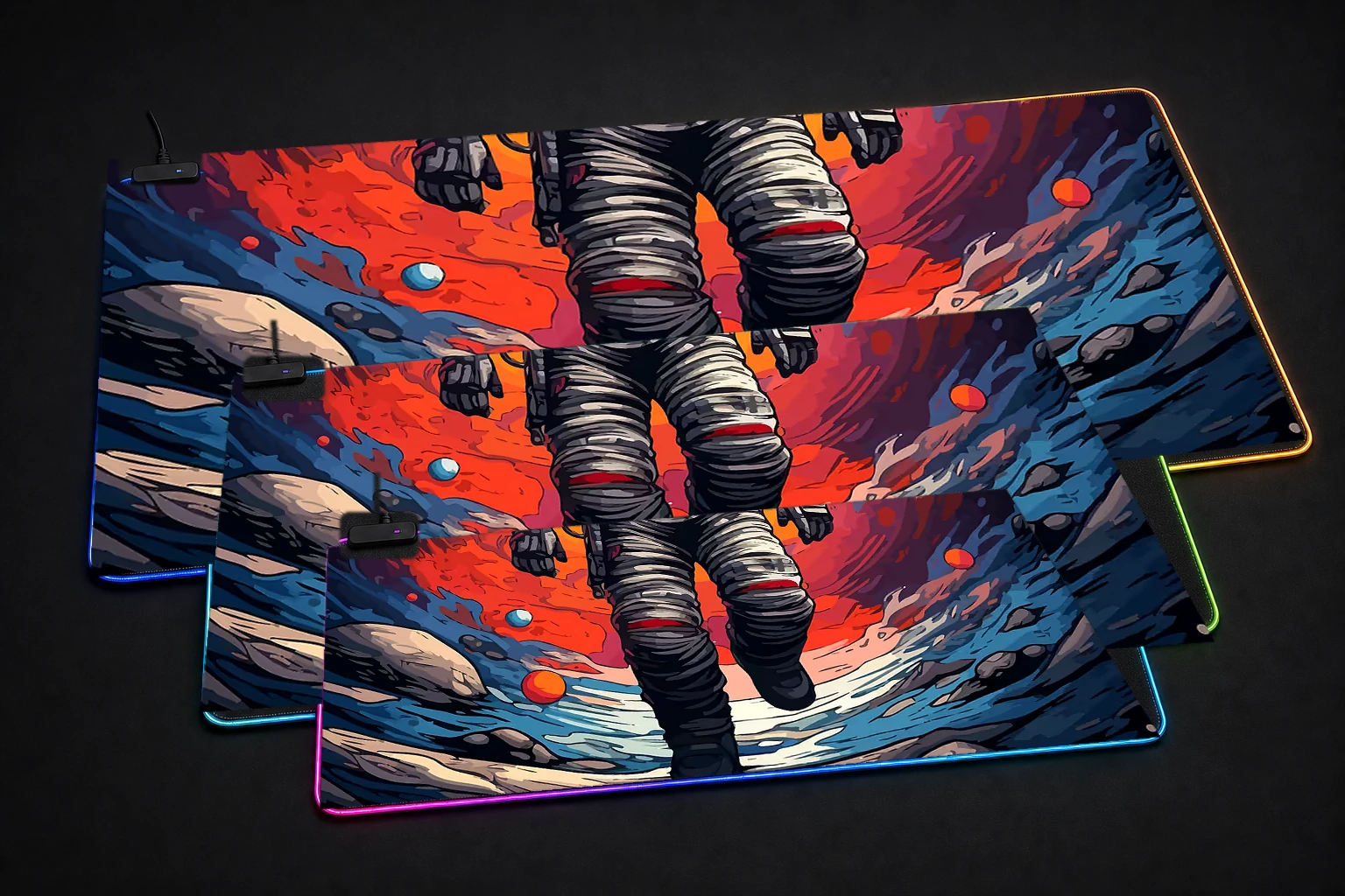 Colorful Spaceman RGB Desk Mat three-size comparison
