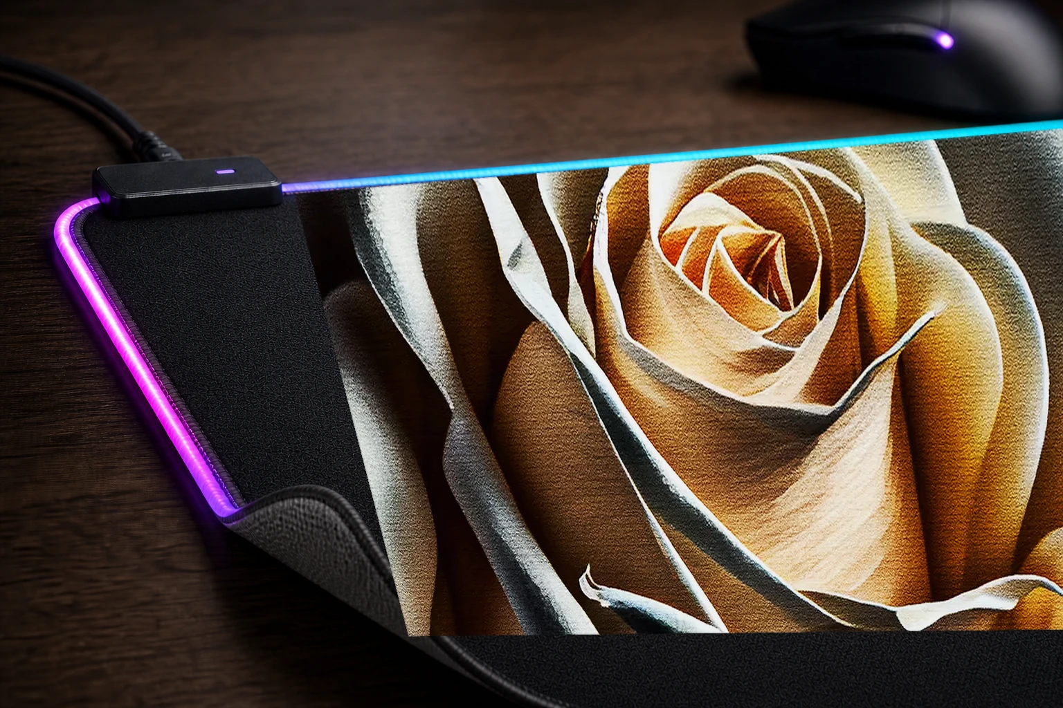 Portrait White Rose New RGB Desk Mat controller and material detail