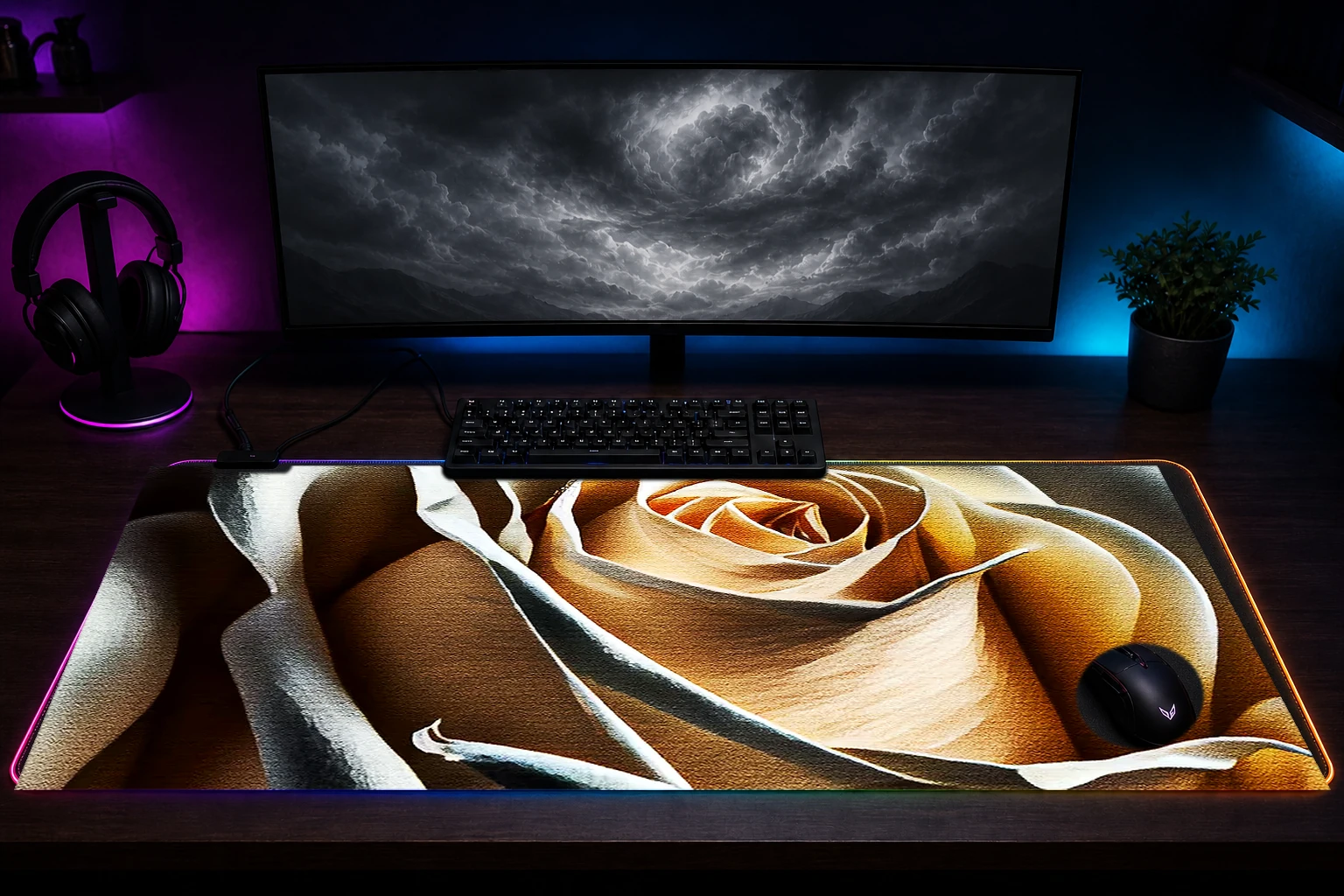 Portrait White Rose New RGB Desk Mat immersive setup scene