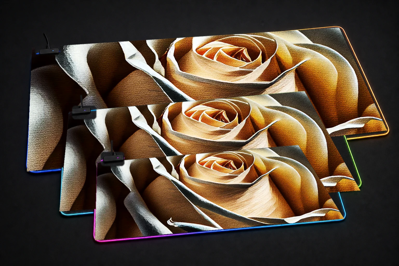 Portrait White Rose New RGB Desk Mat three-size comparison