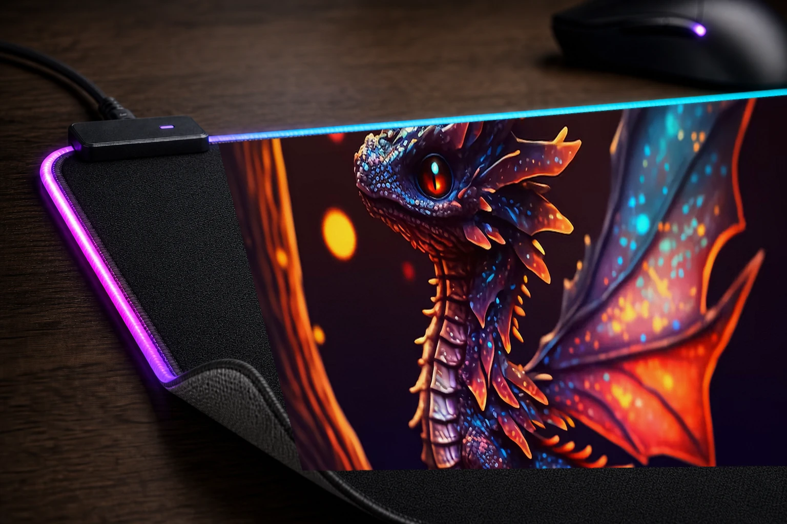 Black Fire Dragon Cub RGB Desk Mat controller and material detail