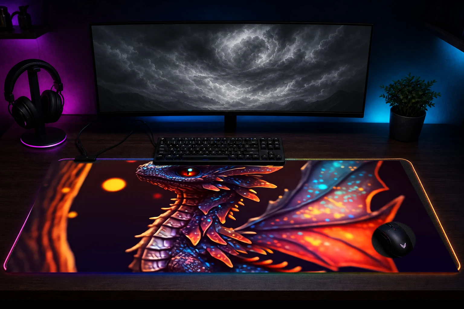 Black Fire Dragon Cub RGB Desk Mat immersive setup scene