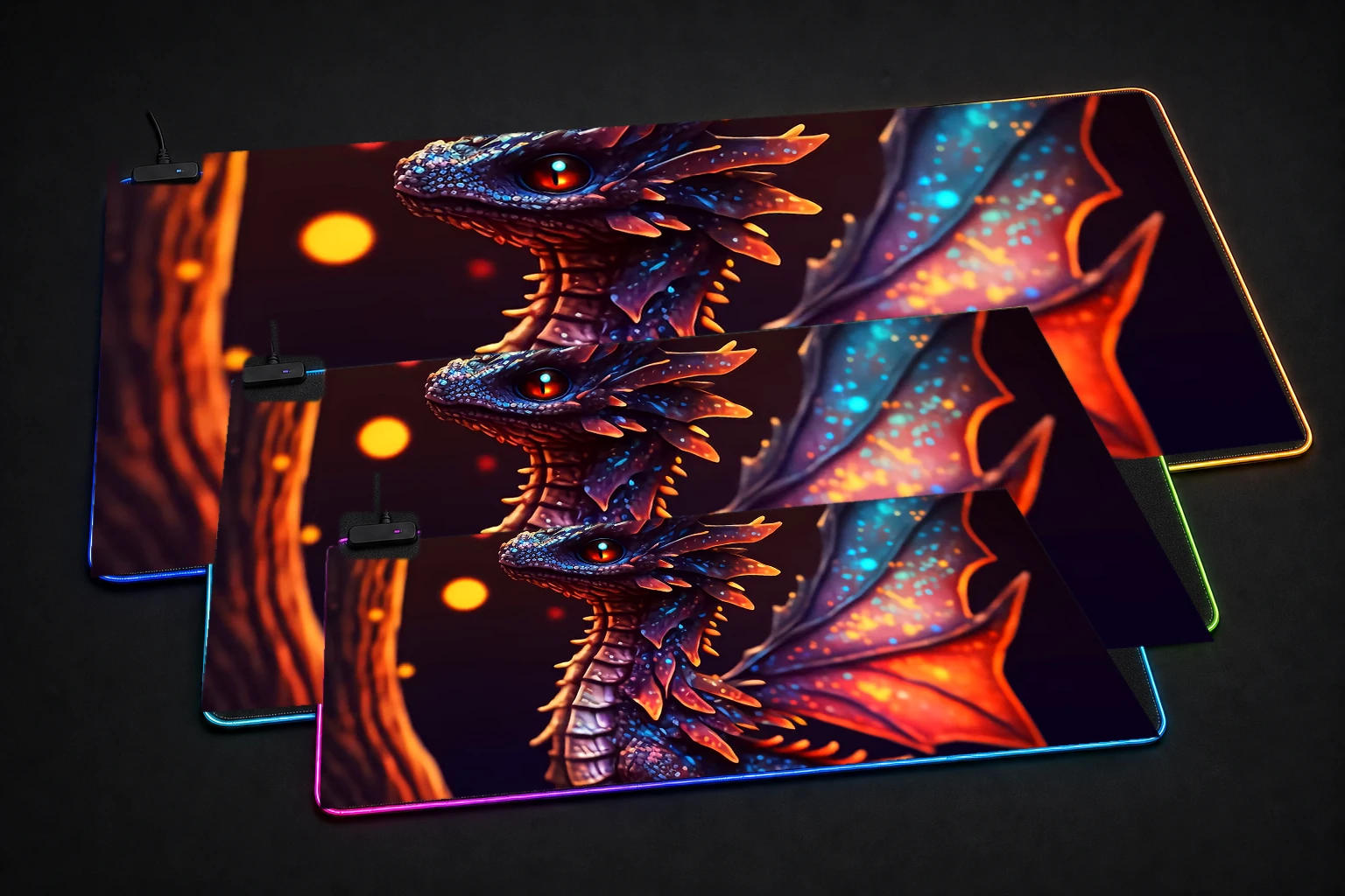 Black Fire Dragon Cub RGB Desk Mat three-size comparison