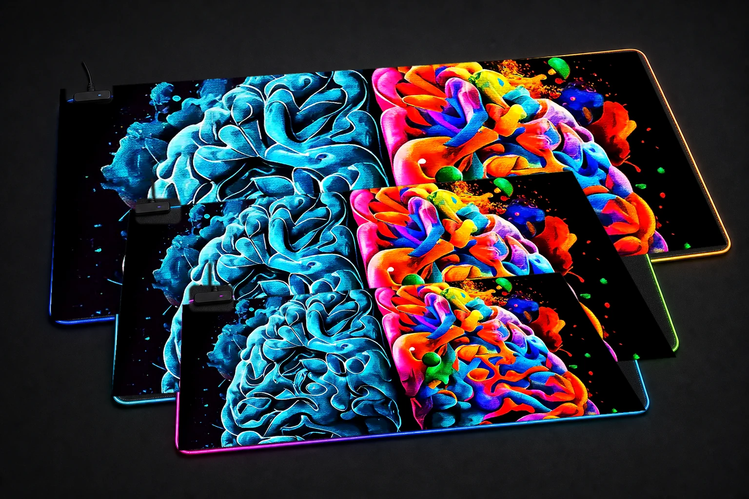 Brain Paint RGB Desk Mat three-size comparison
