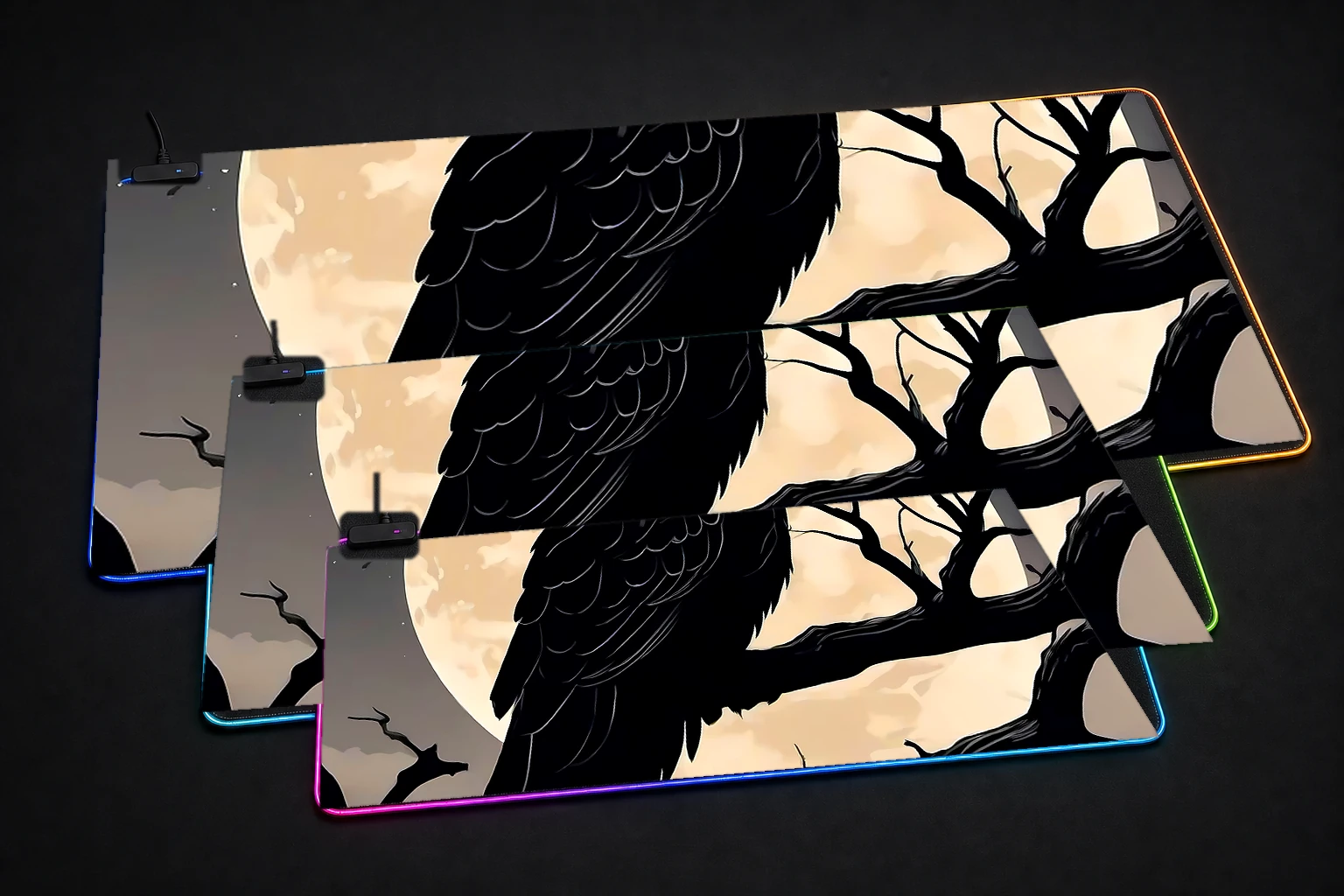 Owl RGB Desk Mat three-size comparison