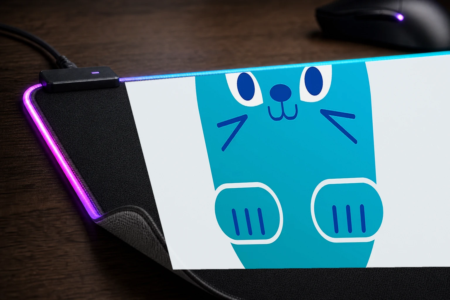 Funny Cat RGB Desk Mat controller and material detail
