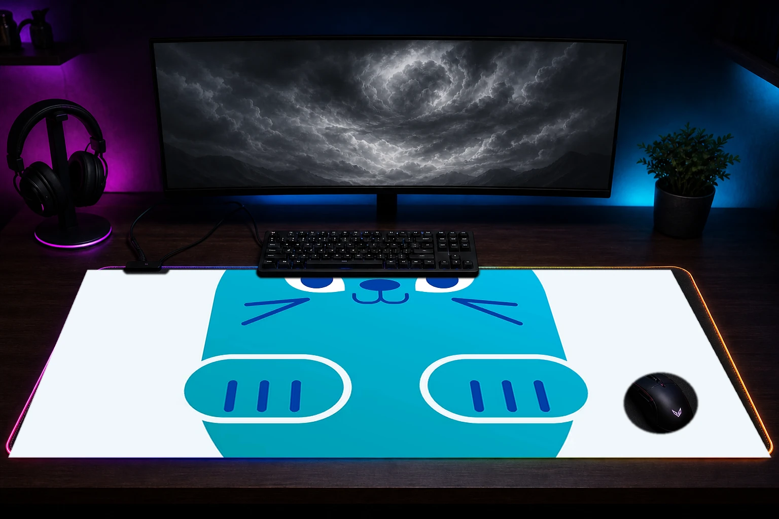 Funny Cat RGB Desk Mat immersive setup scene