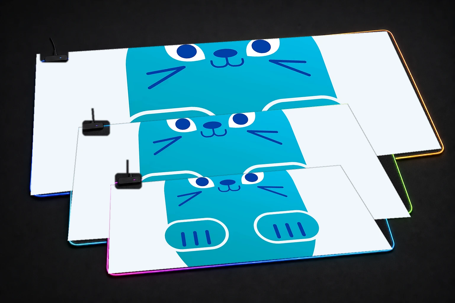 Funny Cat RGB Desk Mat three-size comparison