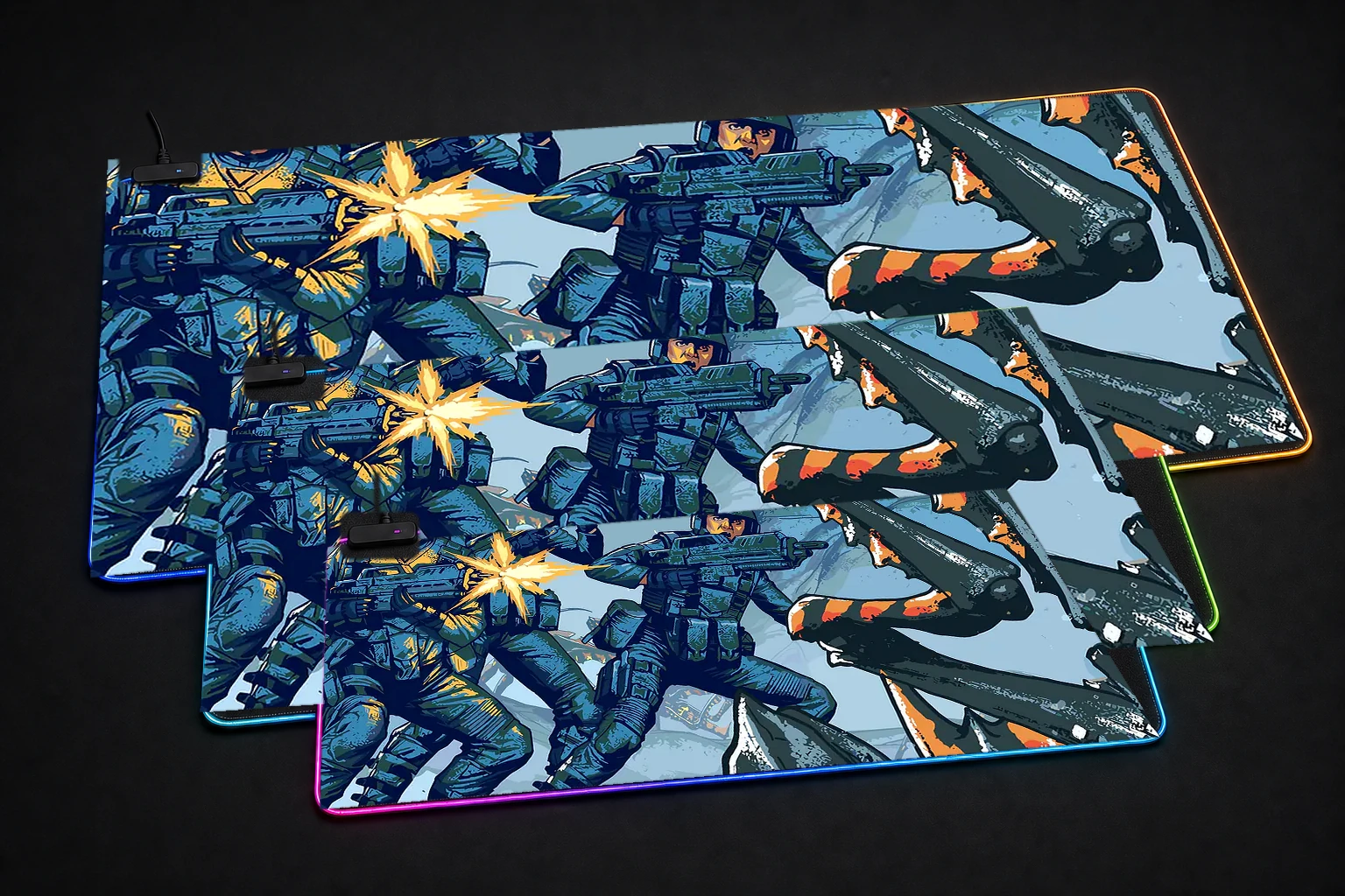 Starship Troopers: Terran Command Artwork RGB Desk Mat three-size comparison