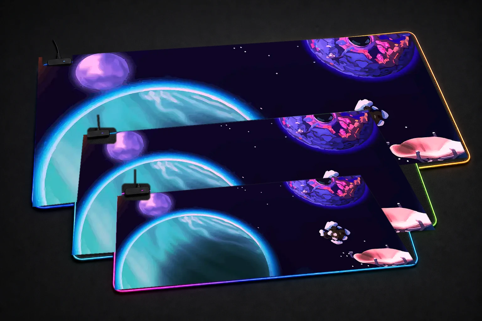 Landscapes space outerwild RGB Desk Mat three-size comparison