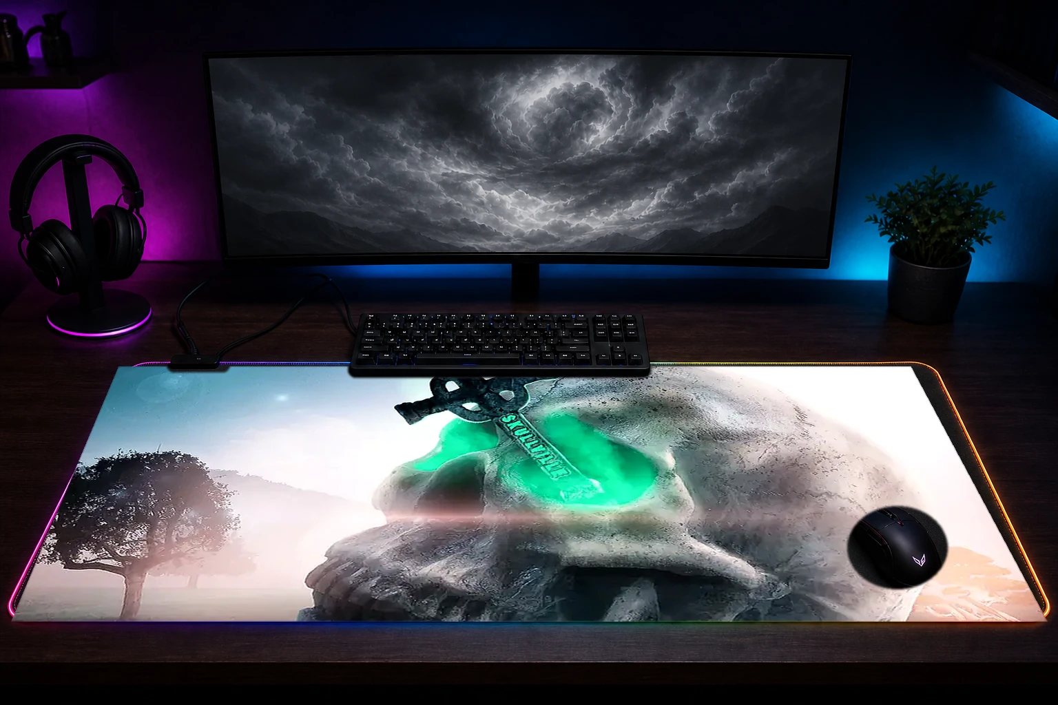 Skull Island RGB Desk Mat immersive setup scene