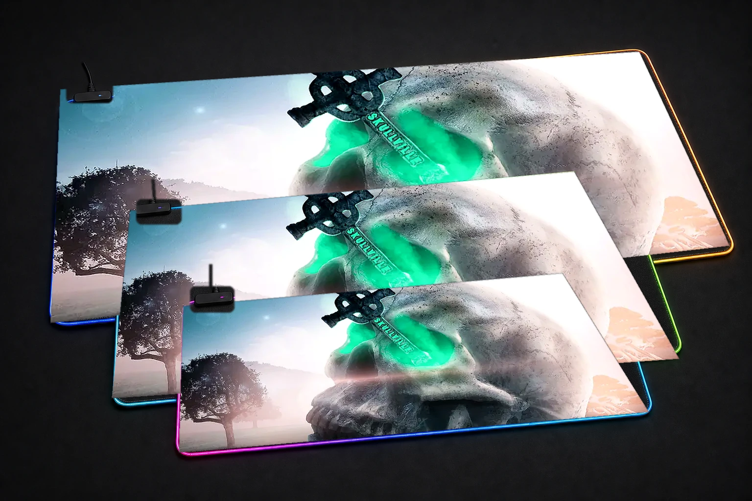 Skull Island RGB Desk Mat three-size comparison