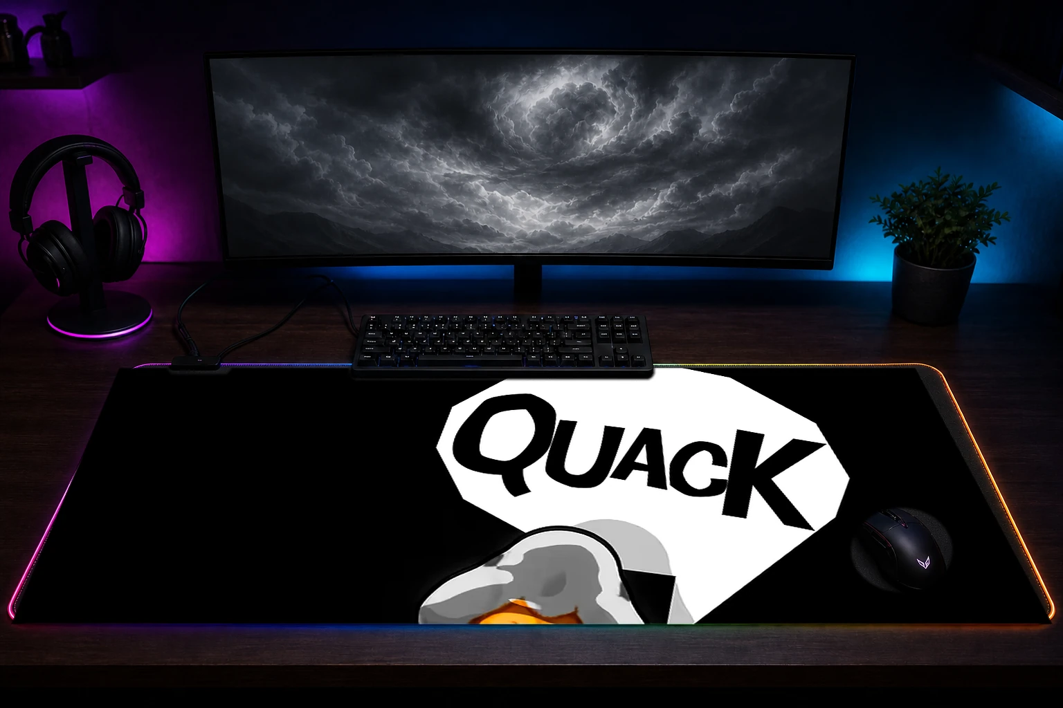 Funny White Duck RGB Desk Mat immersive setup scene