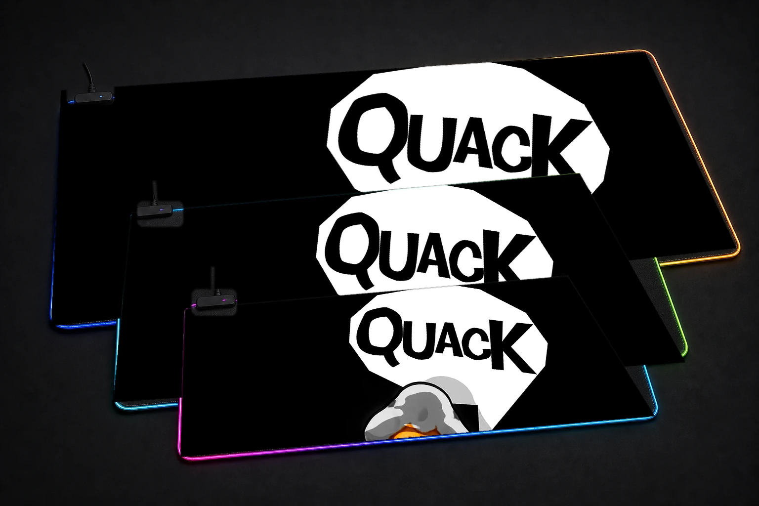 Funny White Duck RGB Desk Mat three-size comparison