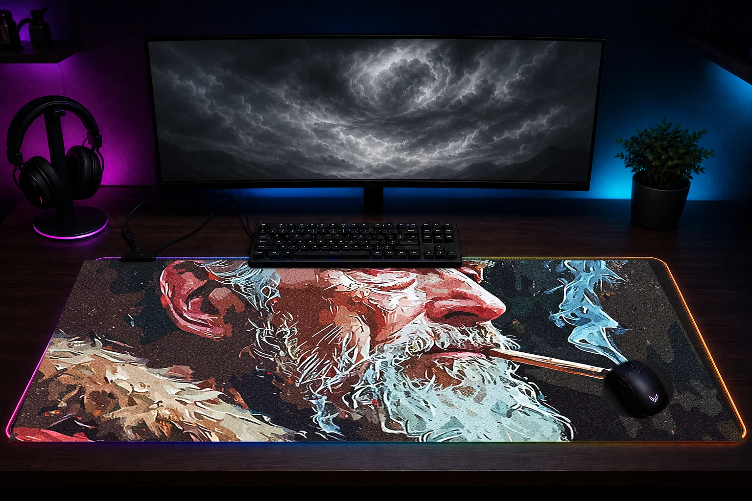 King Smoke Style RGB Desk Mat immersive setup scene