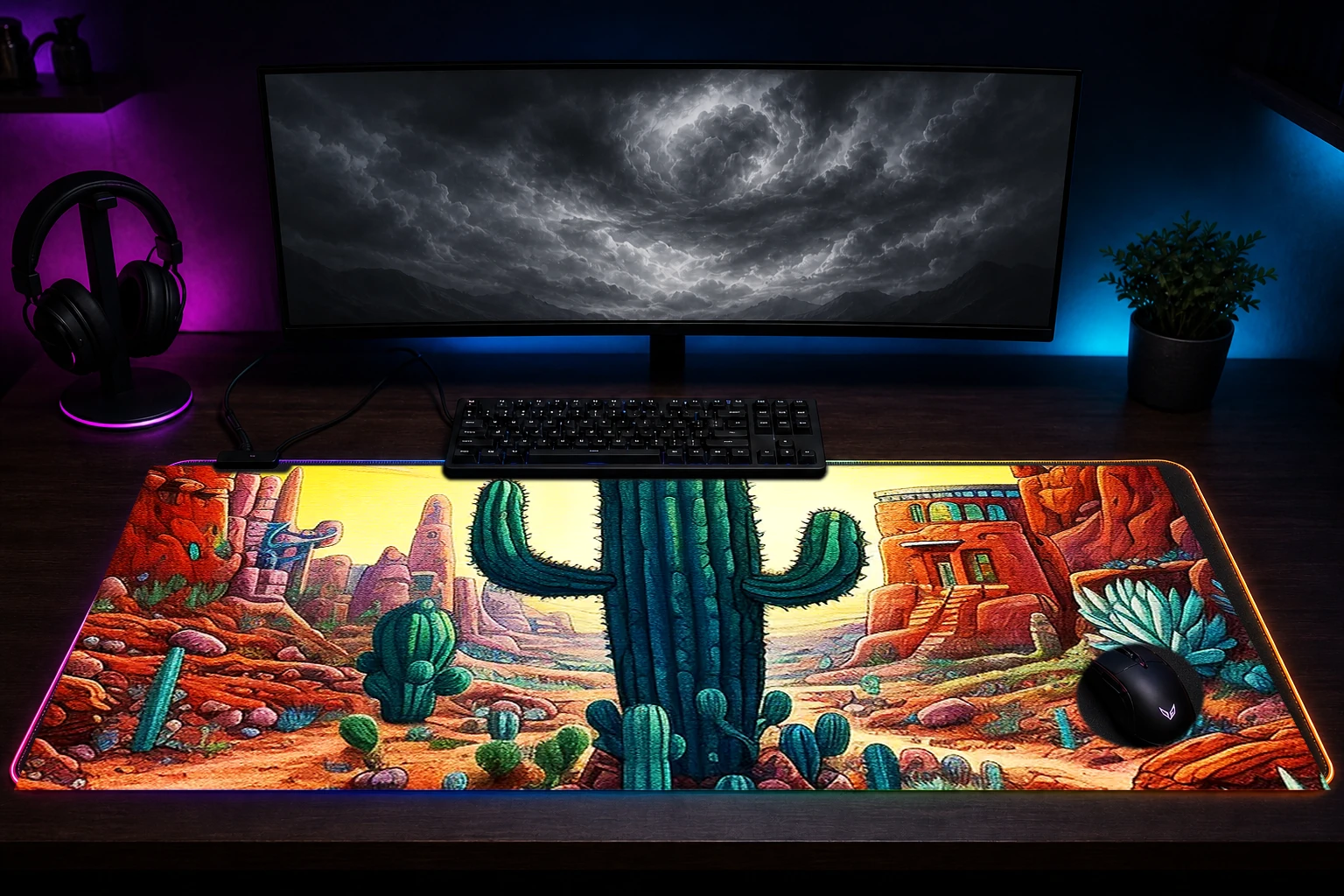 Secret cactus RGB Desk Mat immersive setup scene
