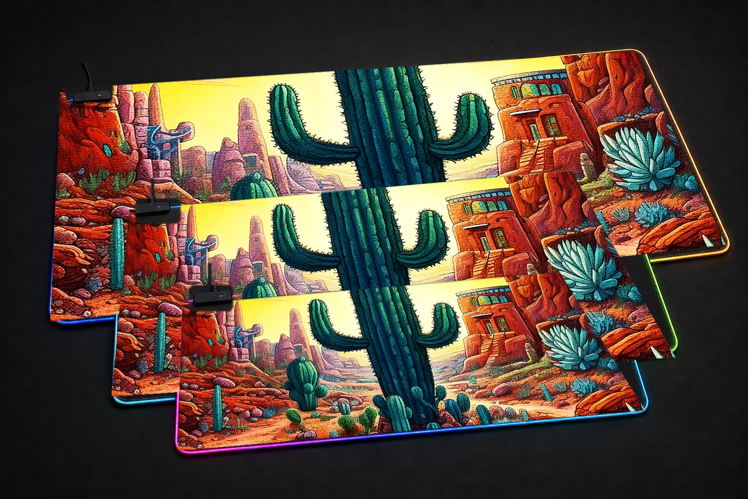 Secret cactus RGB Desk Mat three-size comparison