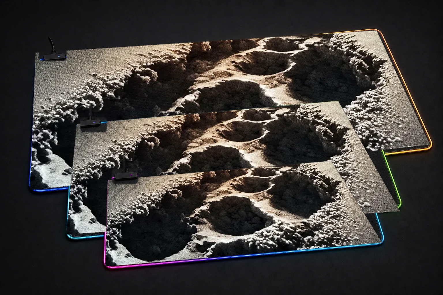Trail To The Moon RGB Desk Mat three-size comparison