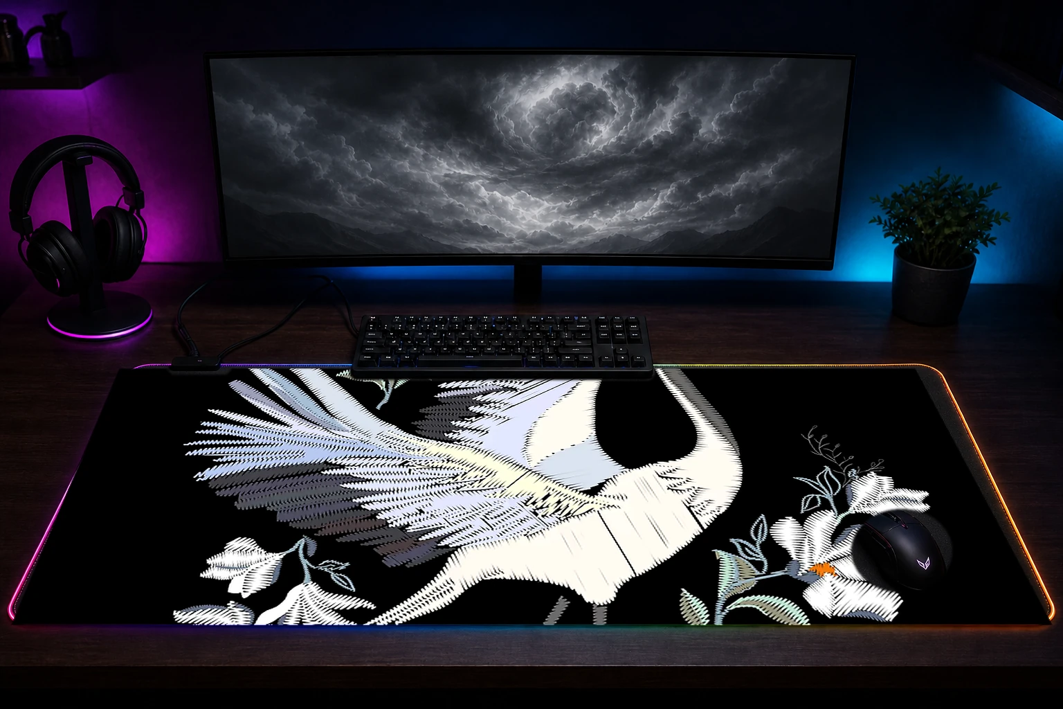 Japanese crane RGB Desk Mat immersive setup scene