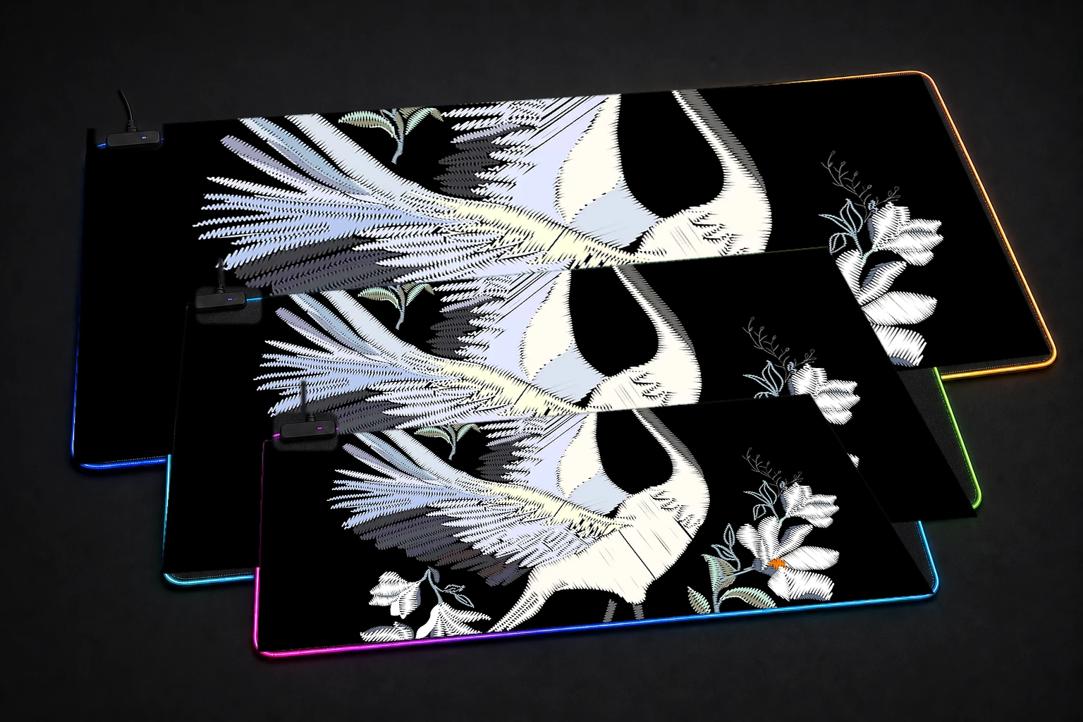 Japanese crane RGB Desk Mat three-size comparison