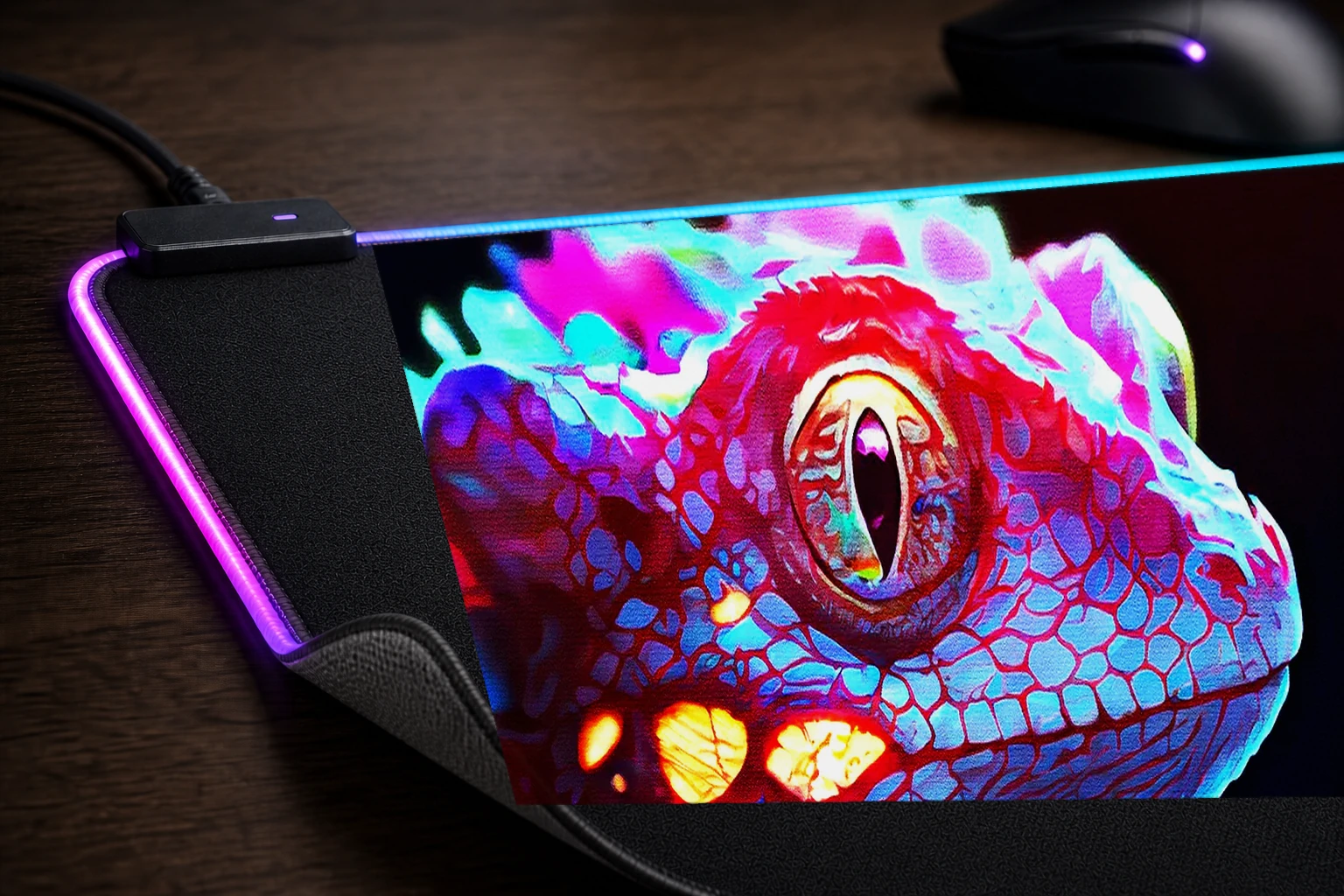 Realistic Lizard fantasy RGB Desk Mat controller and material detail