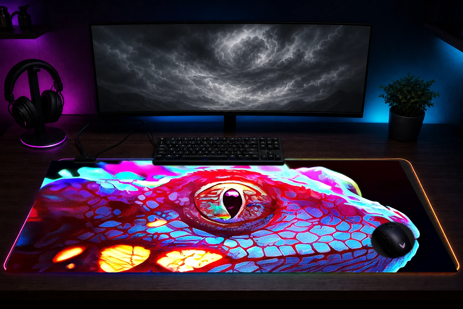 Realistic Lizard fantasy RGB Desk Mat immersive setup scene