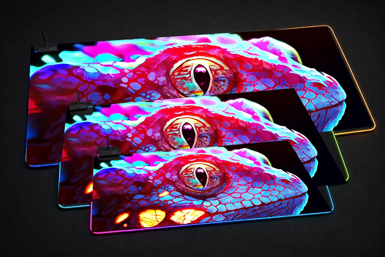 Realistic Lizard fantasy RGB Desk Mat three-size comparison