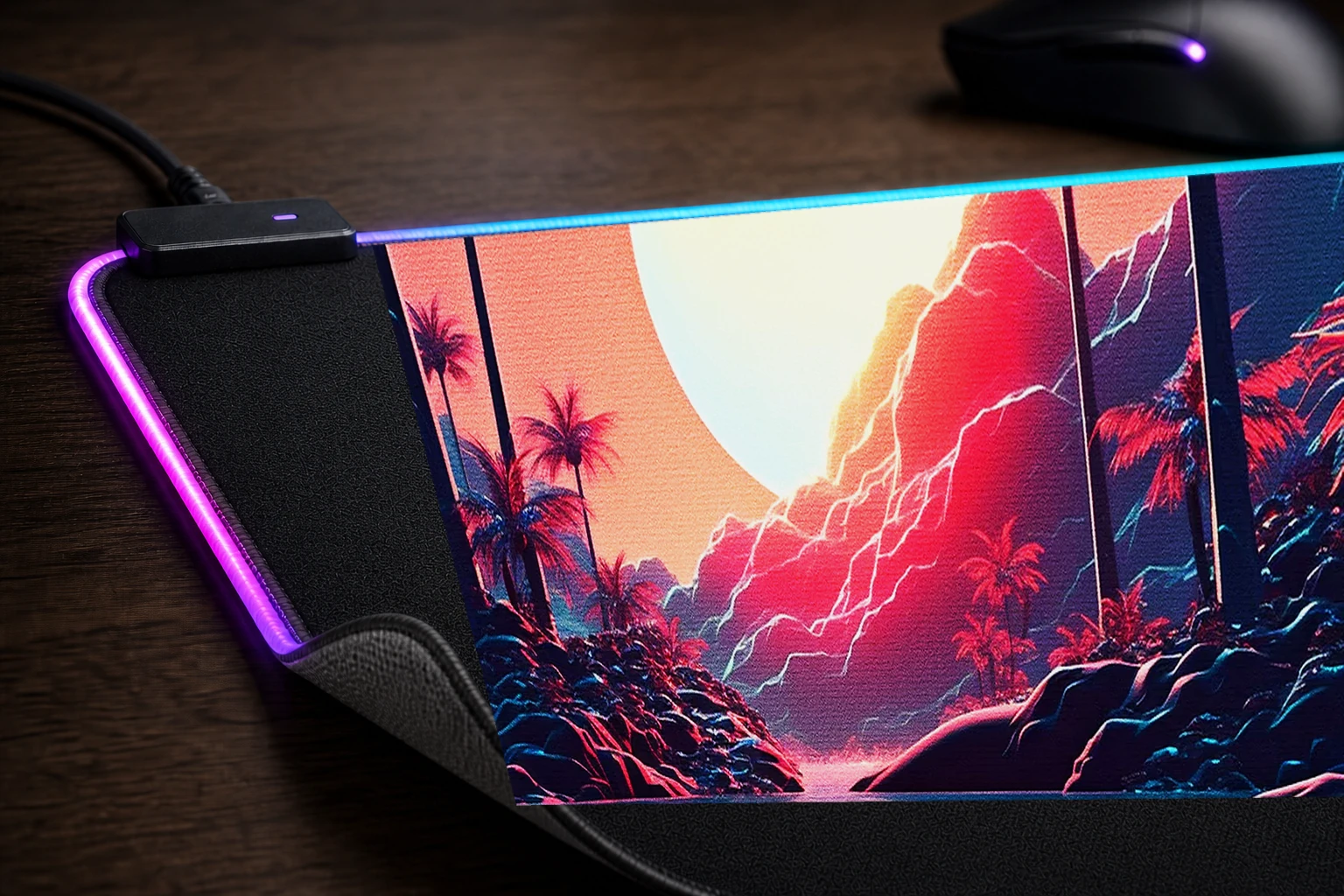 Beautiful Sunrise RGB Desk Mat controller and material detail