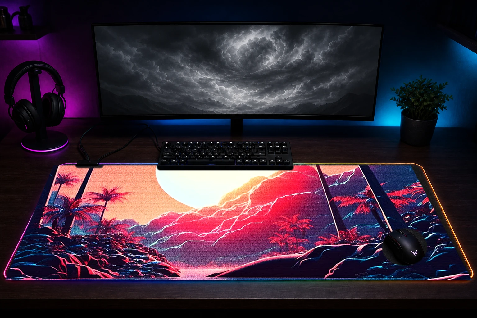 Beautiful Sunrise RGB Desk Mat immersive setup scene