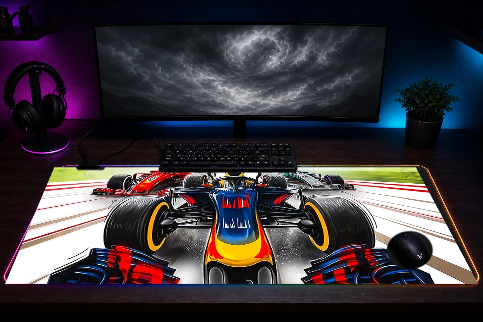 Formula 1 Red Bull RGB Desk Mat immersive setup scene