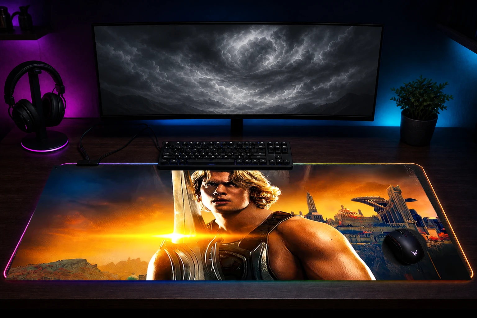 Masters of the Universe He-Man artwork RGB Desk Mat immersive setup scene