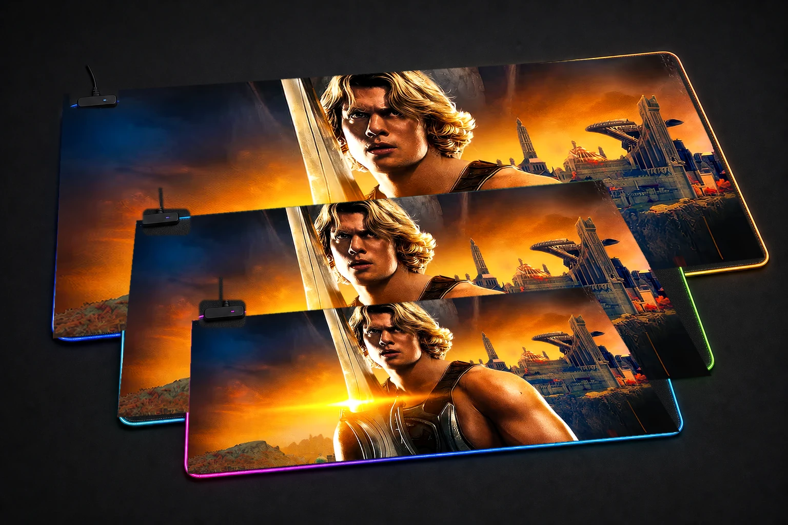 Masters of the Universe He-Man artwork RGB Desk Mat three-size comparison