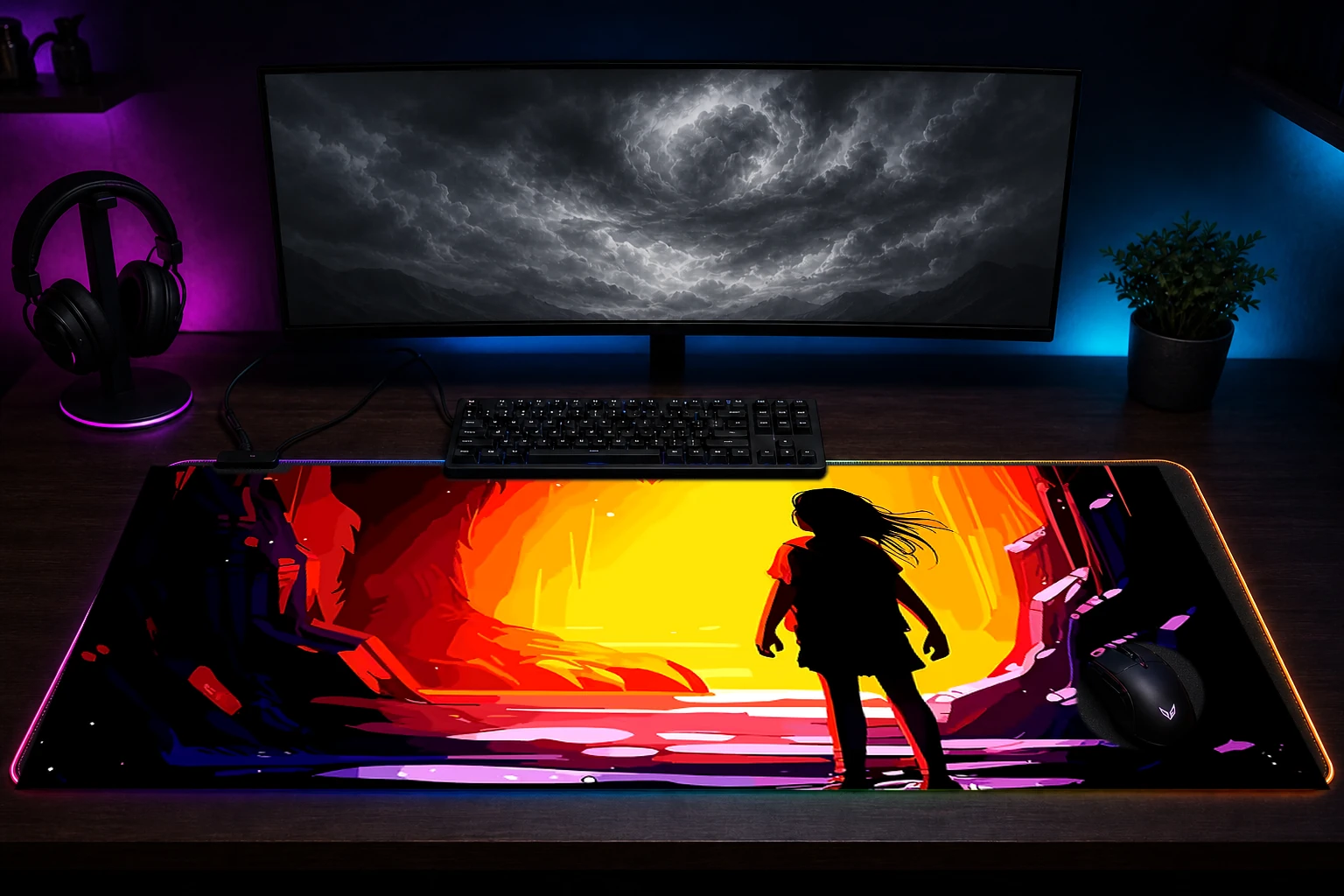 Ghost Wolf RGB Desk Mat immersive setup scene