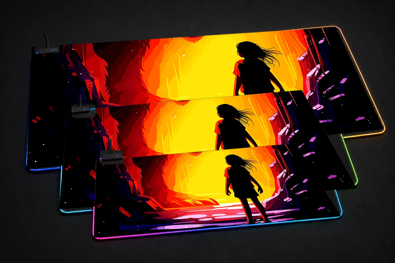 Ghost Wolf RGB Desk Mat three-size comparison