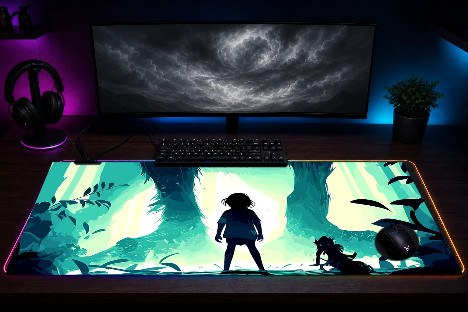 Ghost Wolf RGB Desk Mat immersive setup scene