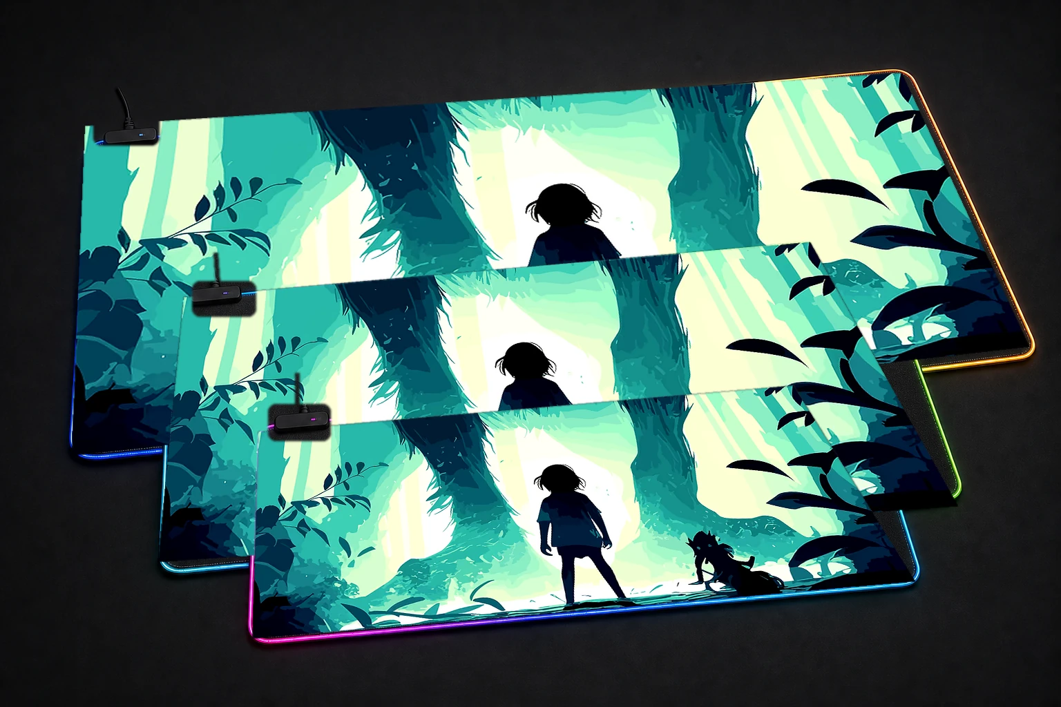 Ghost Wolf RGB Desk Mat three-size comparison