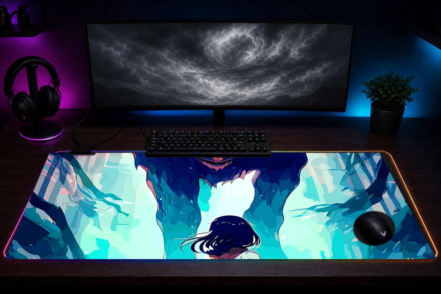 Ghost Wolf RGB Desk Mat immersive setup scene