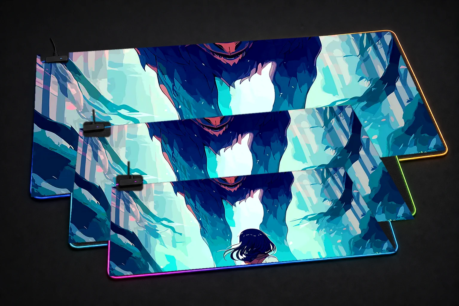 Ghost Wolf RGB Desk Mat three-size comparison