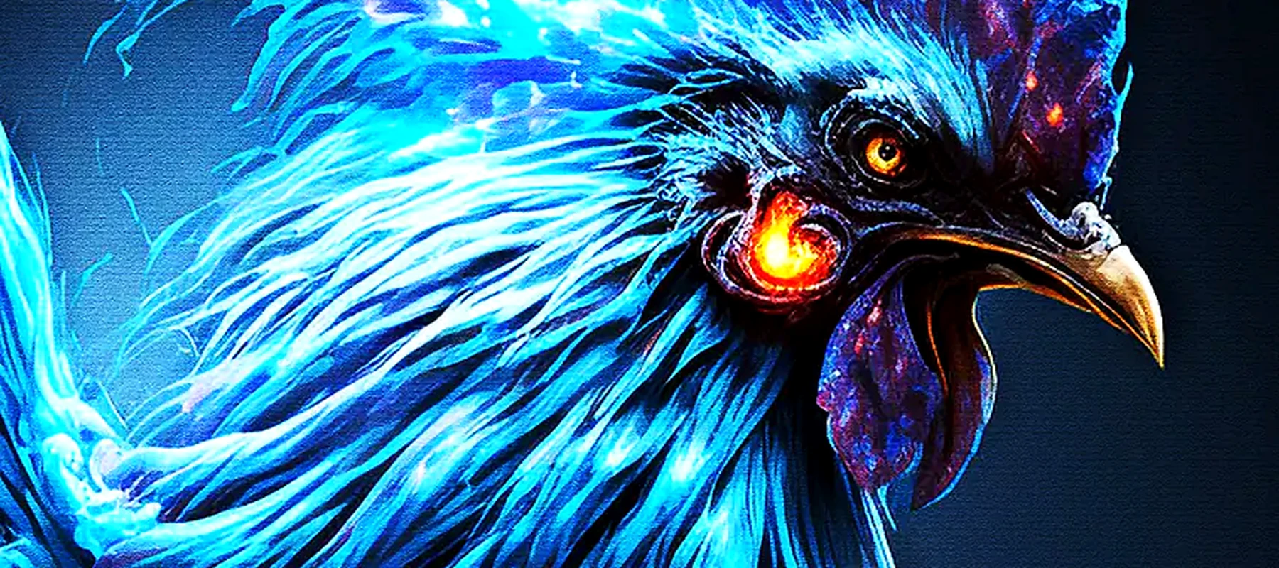 Blue fire rooster monster RGB Desk Mat full-width design preview