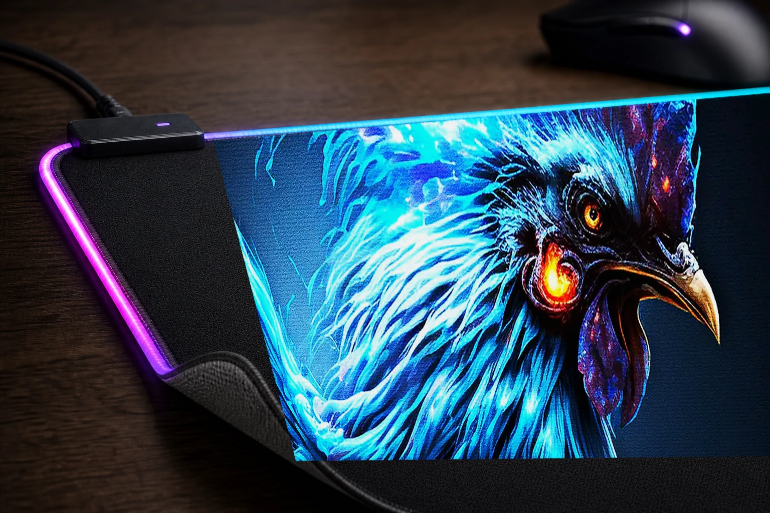 Blue fire rooster monster RGB Desk Mat controller and material detail