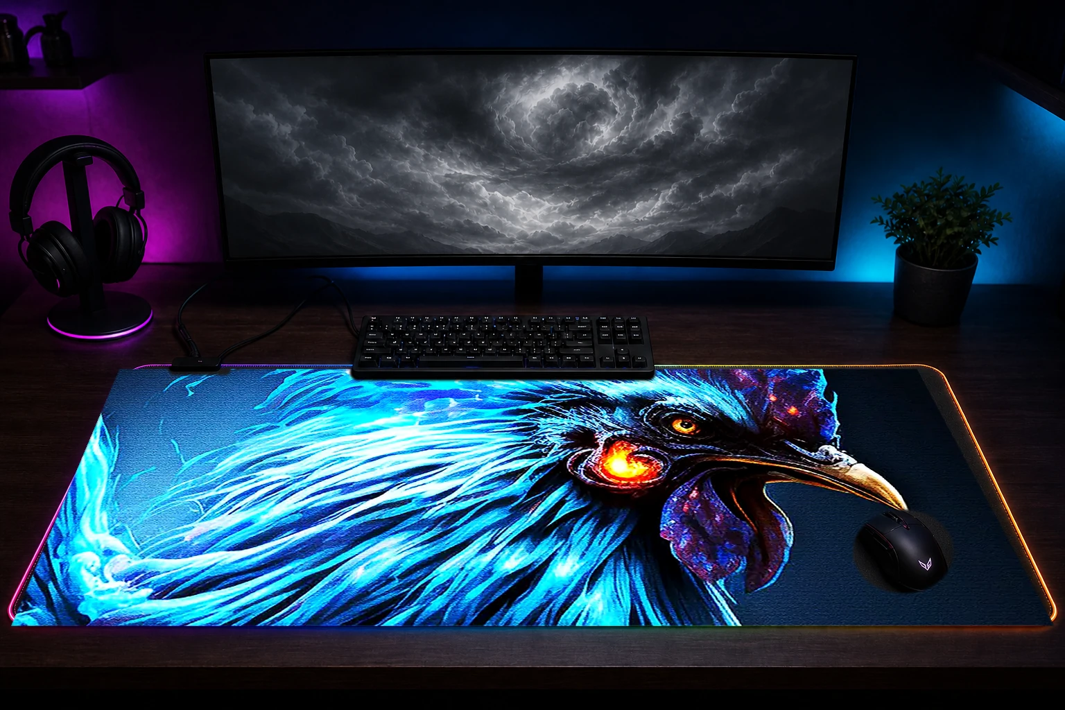 Blue fire rooster monster RGB Desk Mat immersive setup scene