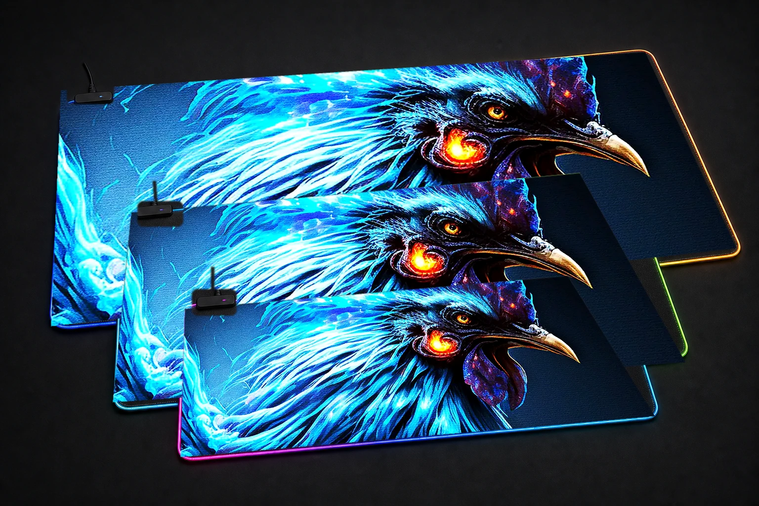 Blue fire rooster monster RGB Desk Mat three-size comparison