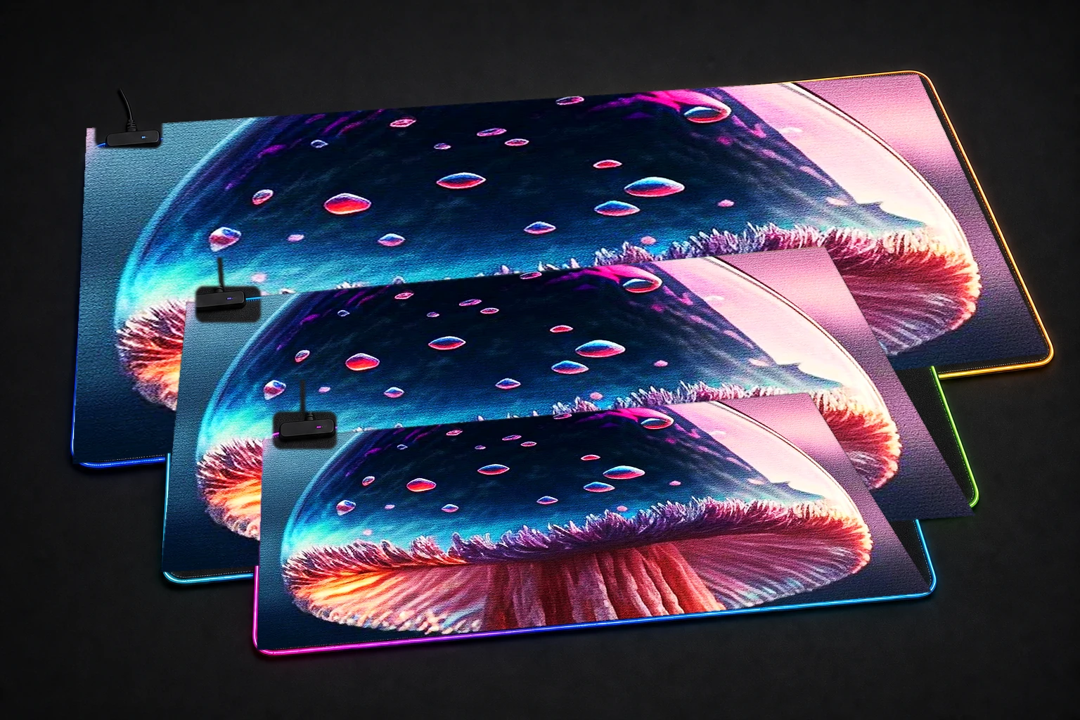 Mushroom Tree RGB Desk Mat three-size comparison