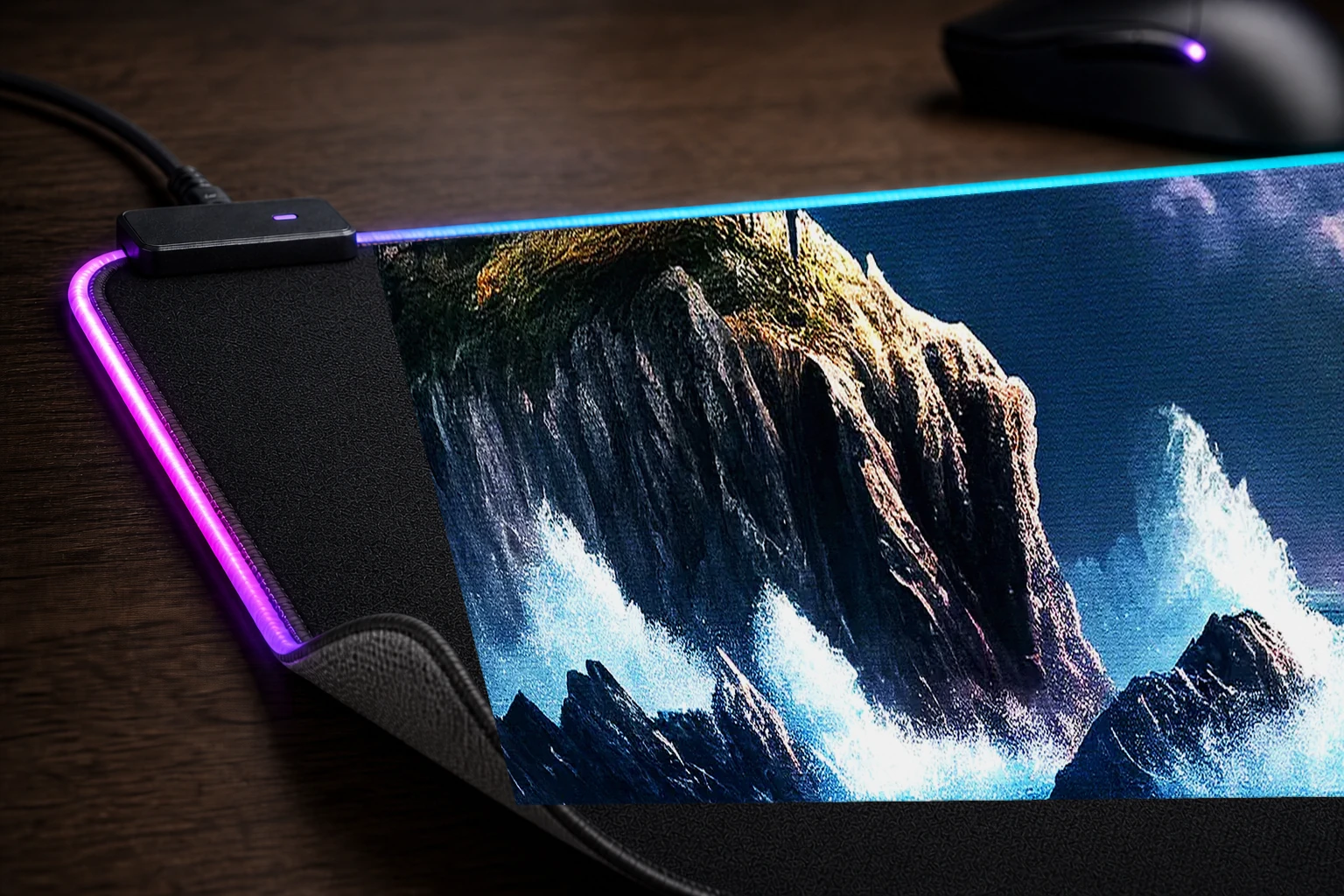 View of the Lighthouse RGB Desk Mat controller and material detail