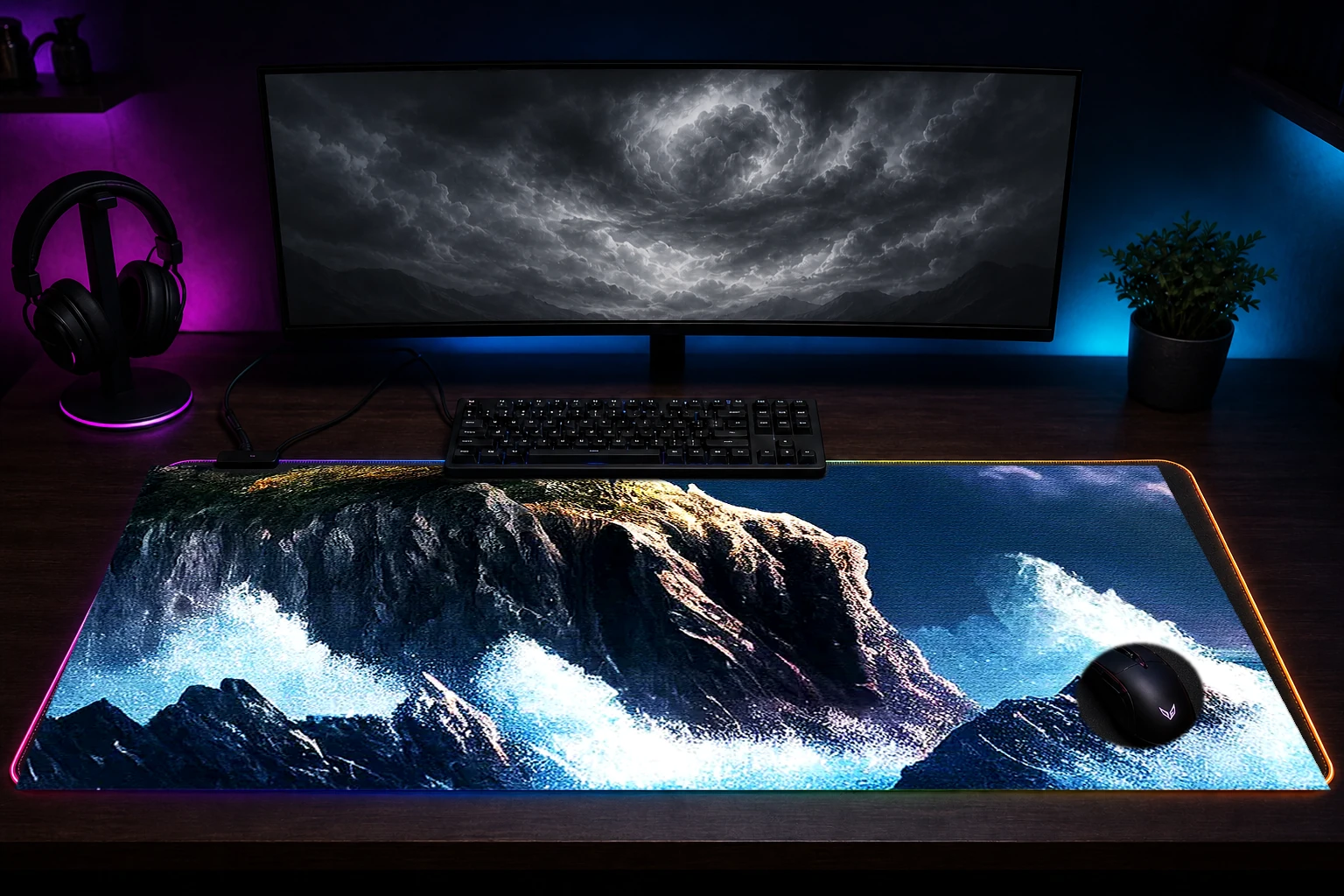 View of the Lighthouse RGB Desk Mat immersive setup scene
