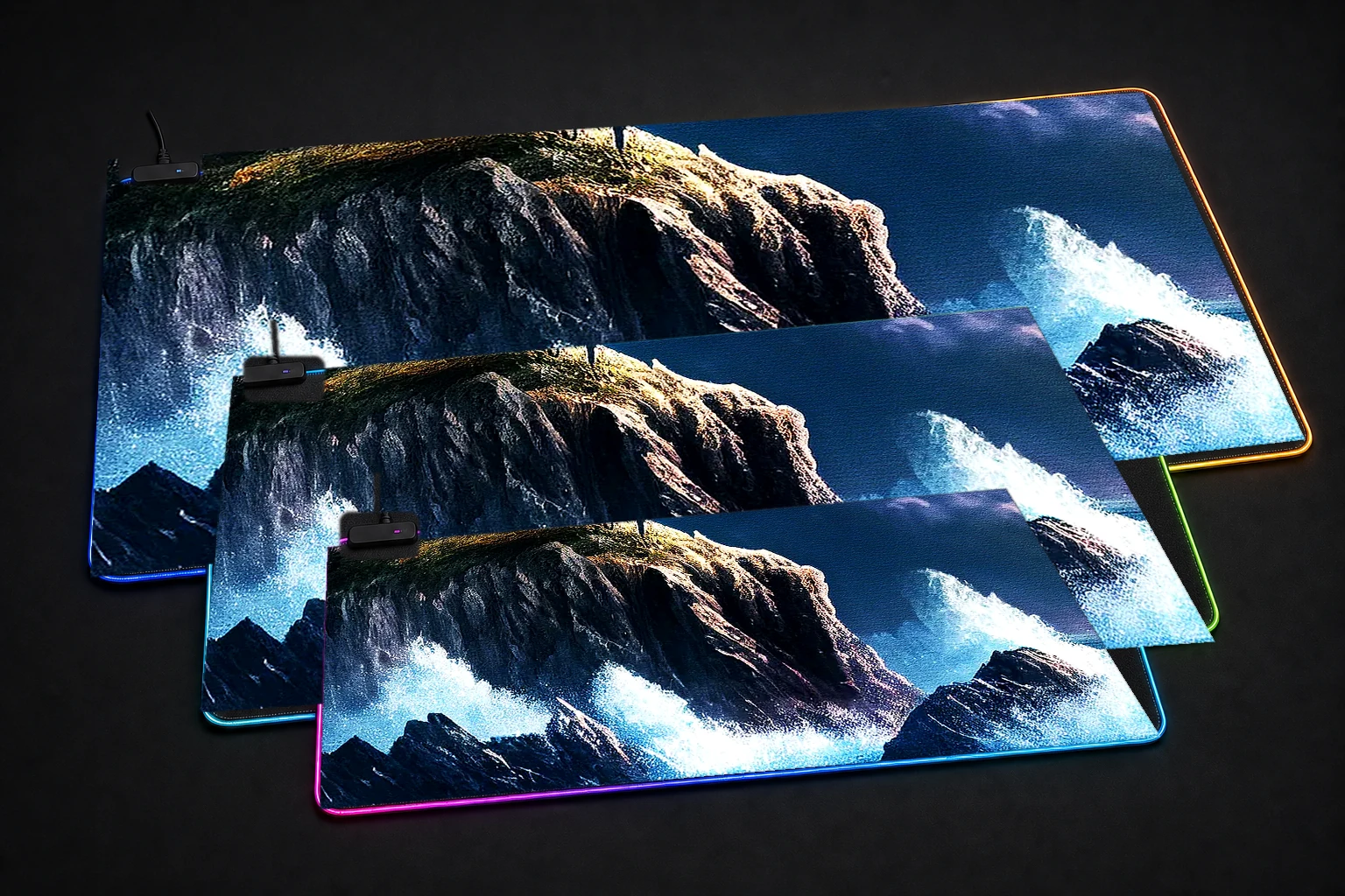 View of the Lighthouse RGB Desk Mat three-size comparison
