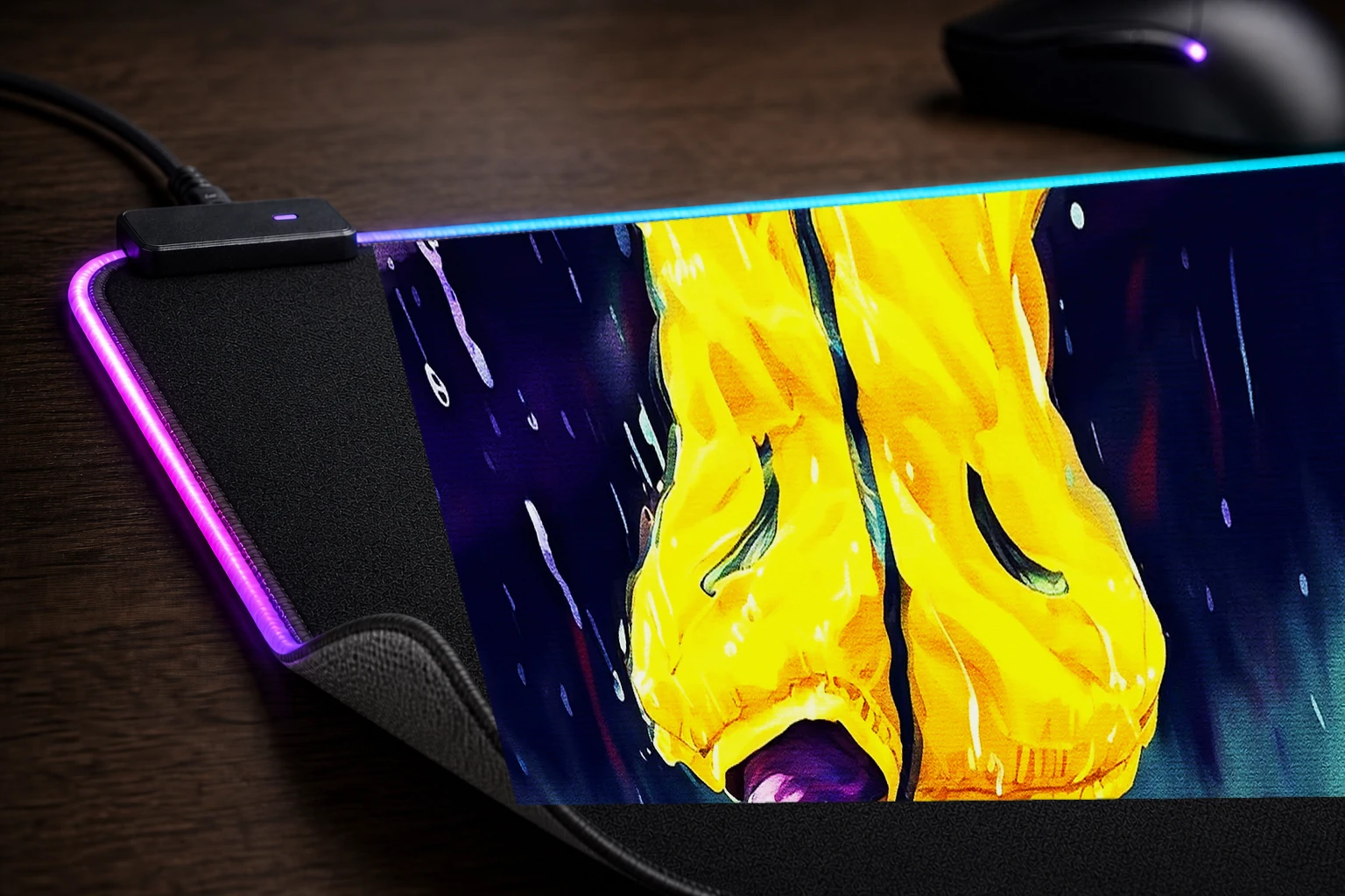 Child Jump in Rain RGB Desk Mat controller and material detail
