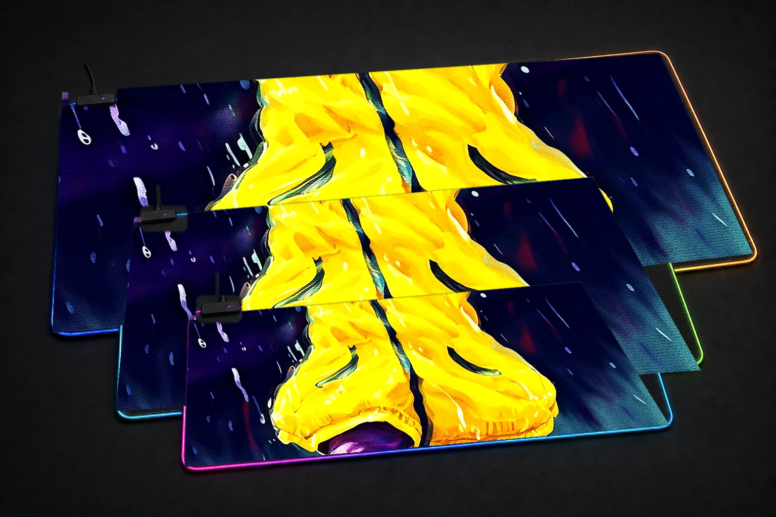 Child Jump in Rain RGB Desk Mat three-size comparison