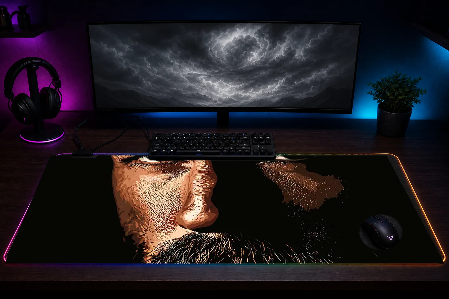 Human Smoke RGB Desk Mat immersive setup scene