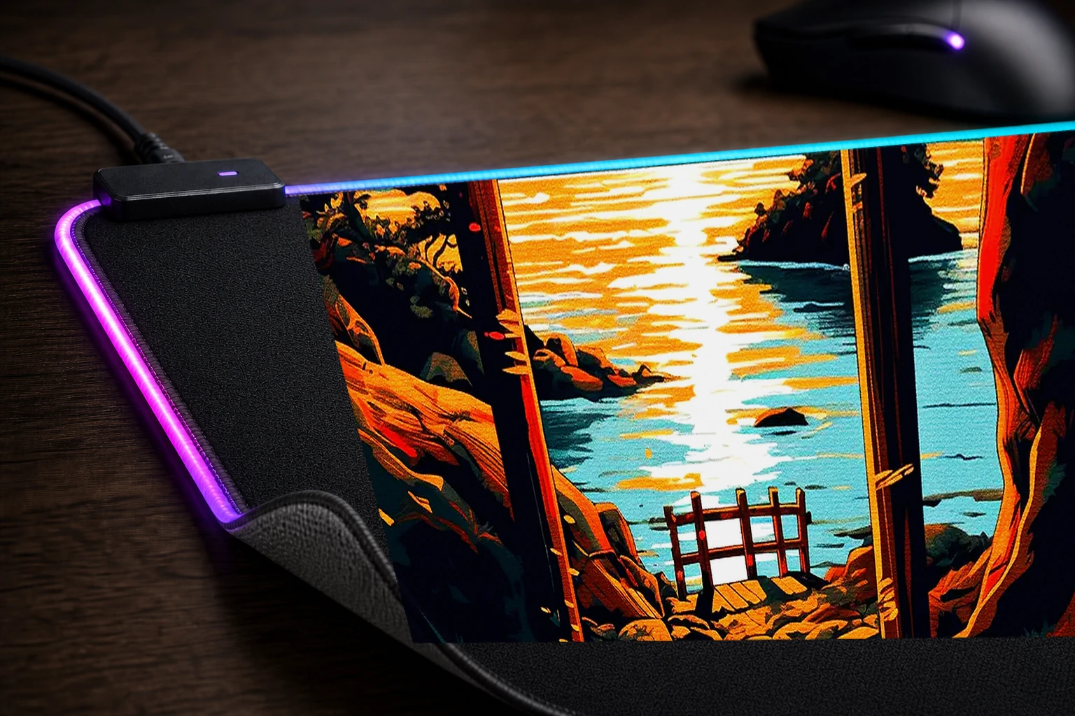 The charm of sunrise gate RGB Desk Mat controller and material detail